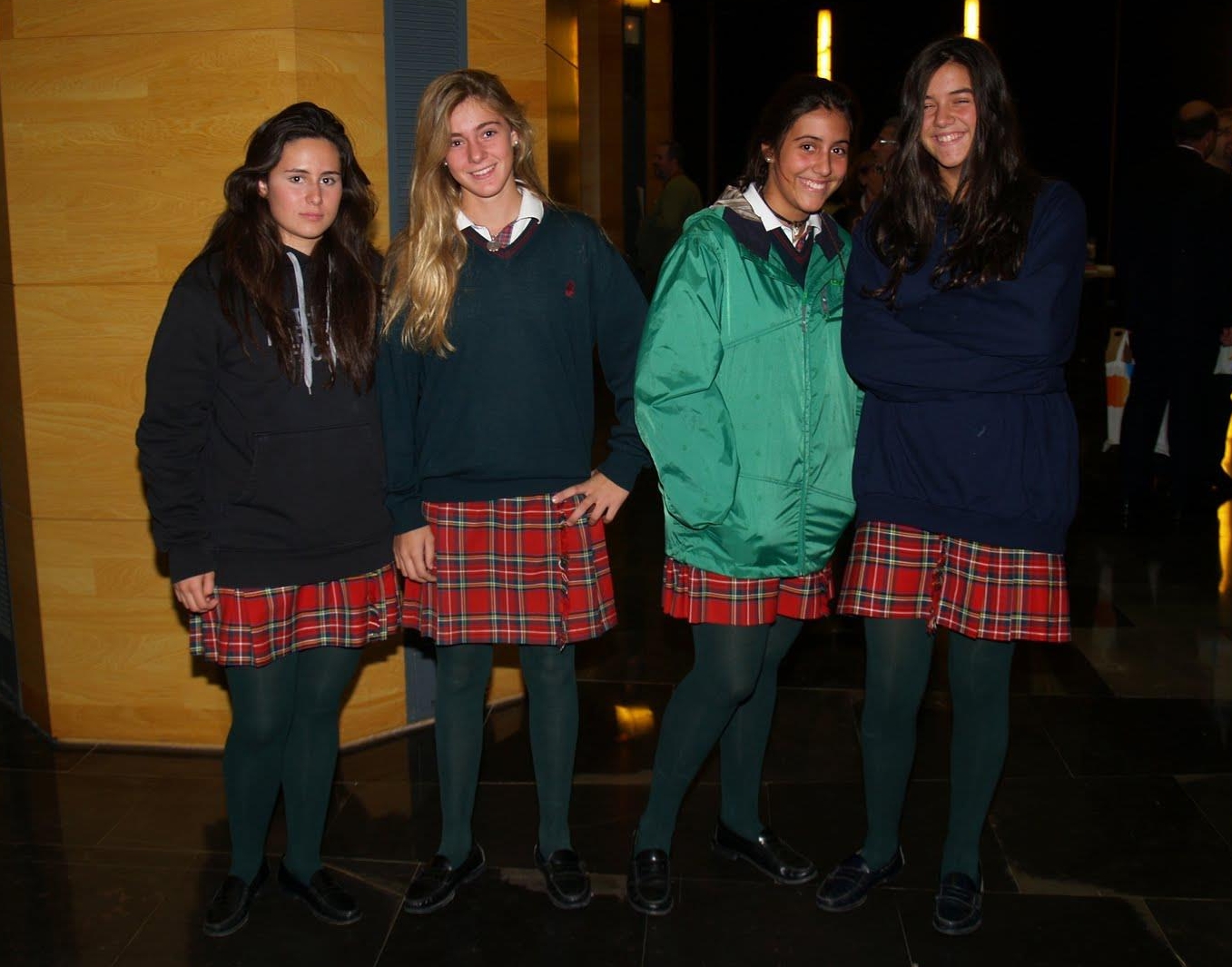 Four Schoolgirls wearing Green Dark Opaque Pantyhose and Black Shoes
